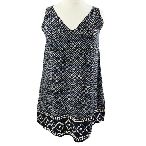 LOFT Linen Blend Blue Batik Border Mosaic Pocket Swing Dress Boho Tribal - Picture 1 of 9